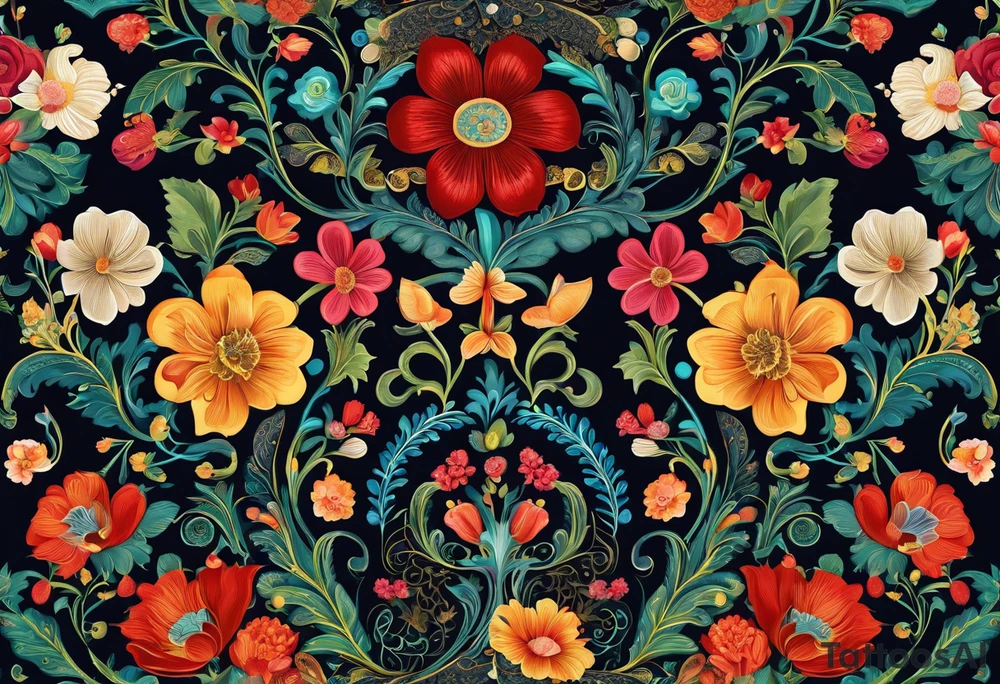 intricate and artistic arrangement of flowers and ornamental patterns that come together to form the shape of human lungs. The design should have a balance of delicacy and detail, with vibrant floral elements seamlessly intertwining to mimic the structure of the lungs, including the bronchi branching into floral motifs. Incorporate subtle shading and depth to give the tattoo a dynamic and organic feel, while maintaining elegance and symmetry tattoo idea