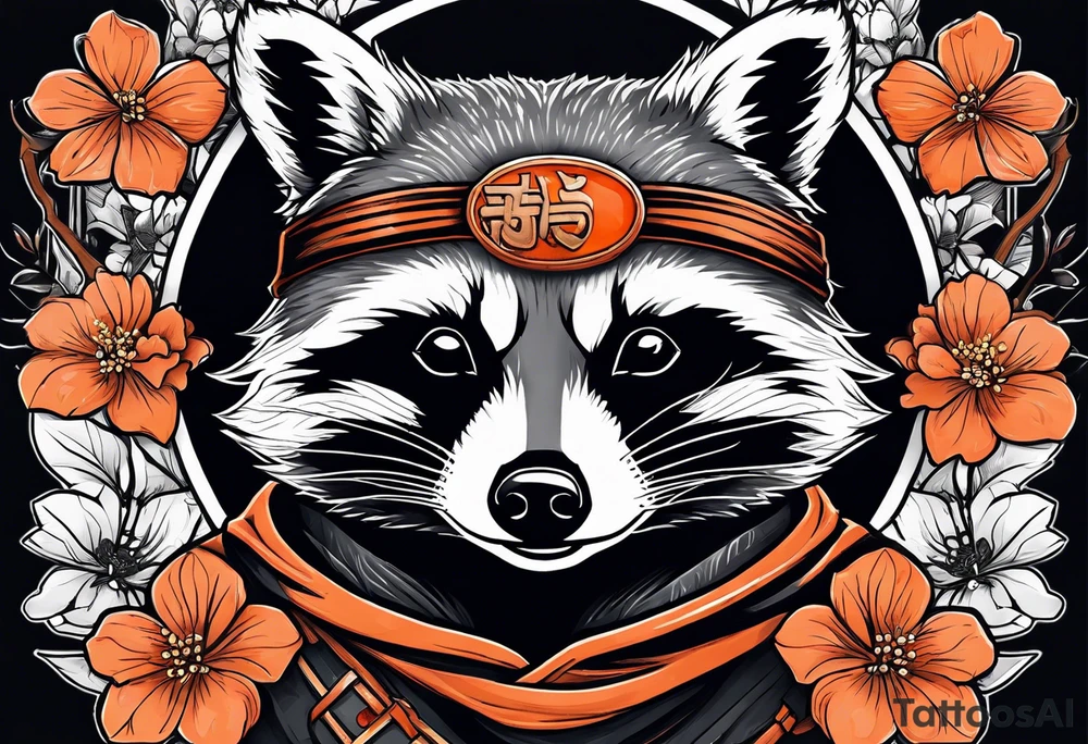 Raccoon wearing a white Superman logo on a black hoodie and orange Japanese cherry blossoms tattoo idea
