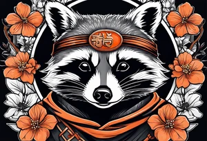 Raccoon wearing a white Superman logo on a black hoodie and orange Japanese cherry blossoms tattoo idea