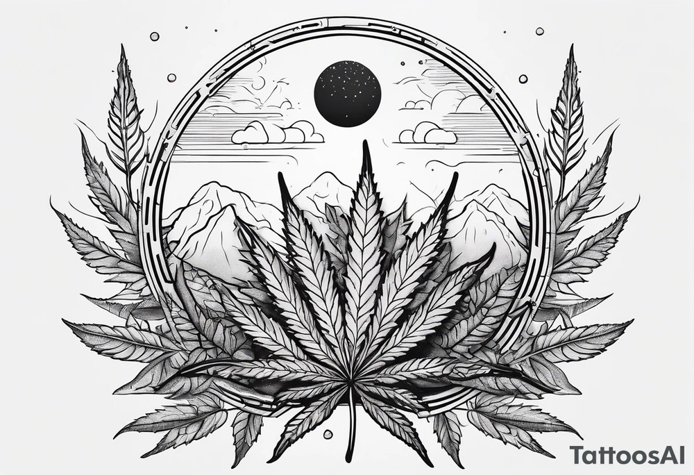 Minimal line art of cannabis plant from base to top with buds blooming. Around it are other plants like pothos leaves and mushrooms about to fruit. Incorporate the solar cycle and lunar cycle. Add crystals tattoo idea