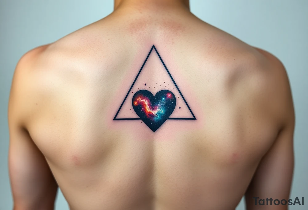 A single triangle with a heart in the center and  
galaxy inside the triangle tattoo idea