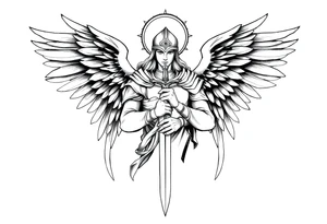 Holy Archangel, Biblical, Christianity, Hebrew, Guards of Christianity, Holding a sword, has six wings, wearing helmet, halo, seraphim tattoo idea