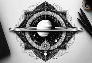 A tattoo with Saturn at the center surrounded by intricate linguistic symbols, reflecting the client's interests in cosmology and linguistics. tattoo idea