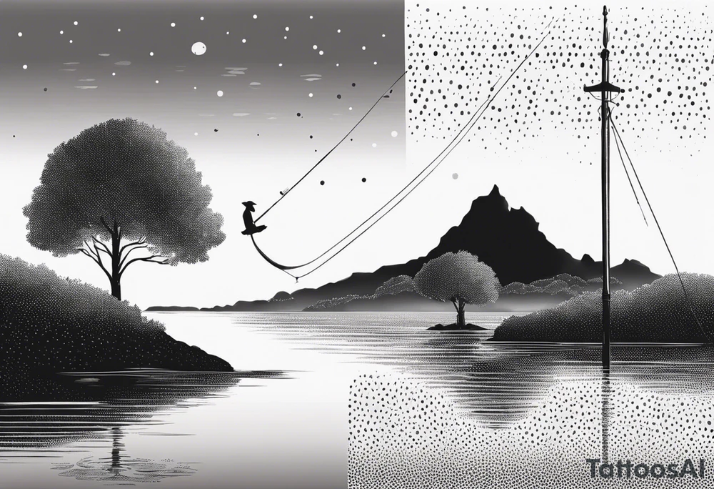 landscape and fishingpole and line with hook tattoo idea