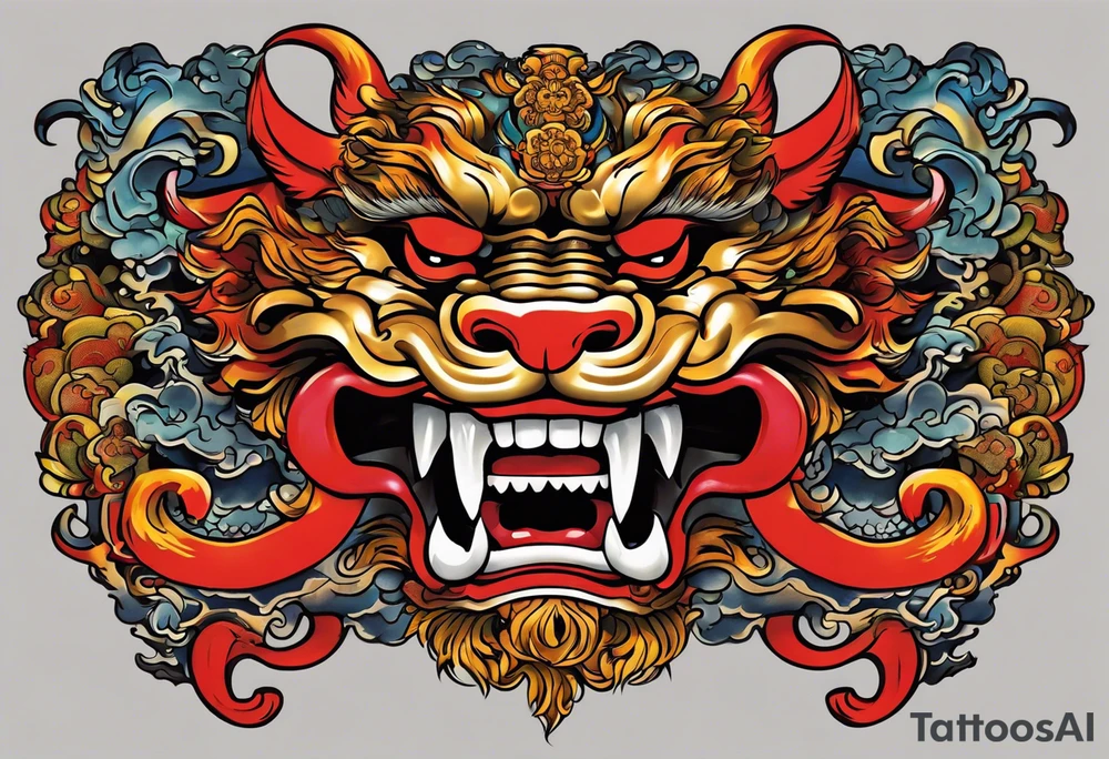 Double sided chest piece, done in Neo Japanese style of Okinawa shisa. On one side is the male with his mouth open to fend off evil, and the other side, the femal with her mouth closed to keep good in. tattoo idea