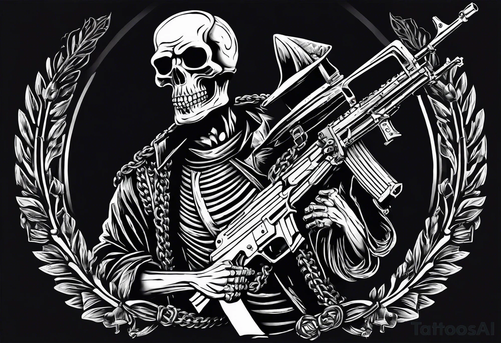 image of a skeleton standing frontally with a crown on his head, holding an AK-47 on his shoulder with his right hand. The chain on the left should be taut, there are three angry barking Dobermans in it, near the waist tattoo idea