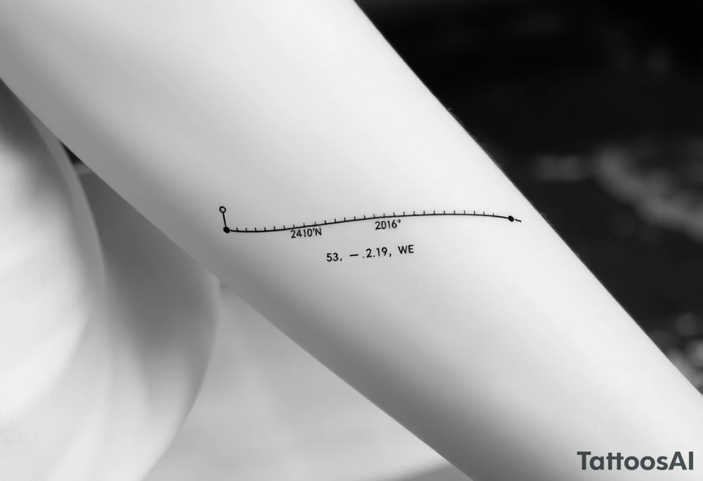 A minimal fine-line tattoo showing a straight, thin horizontal timeline with two small evenly spaced dots. Below the first dot, write the coordinates: "24°10′N, 20°16′E". Below the second dot, write: "53.4084°N, 2.9916°W". Above each coordinate, place a small circle or marker dot to signify key points. Beneath the entire timeline, add a single row of visual Morse code symbols using only dots (●) and dashes (—), arranged like this: — ● — ●   ● —   ● — ●   — — —   ● — ● ●   ● ●   — ● ●   ● —. Do not include any text labels or explanations. The code should appear as an abstract design element. Keep the entire tattoo clean, balanced, and symbolic tattoo idea
