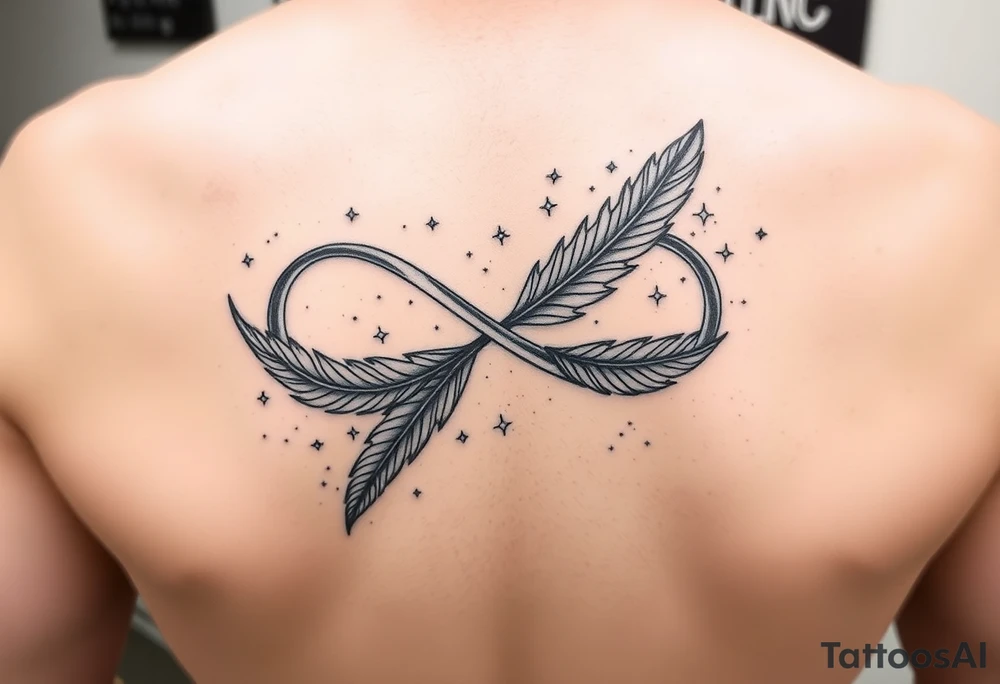 infinity symbol woven with floating feathers and stardust tattoo idea