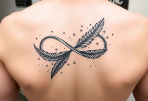 infinity symbol woven with floating feathers and stardust tattoo idea