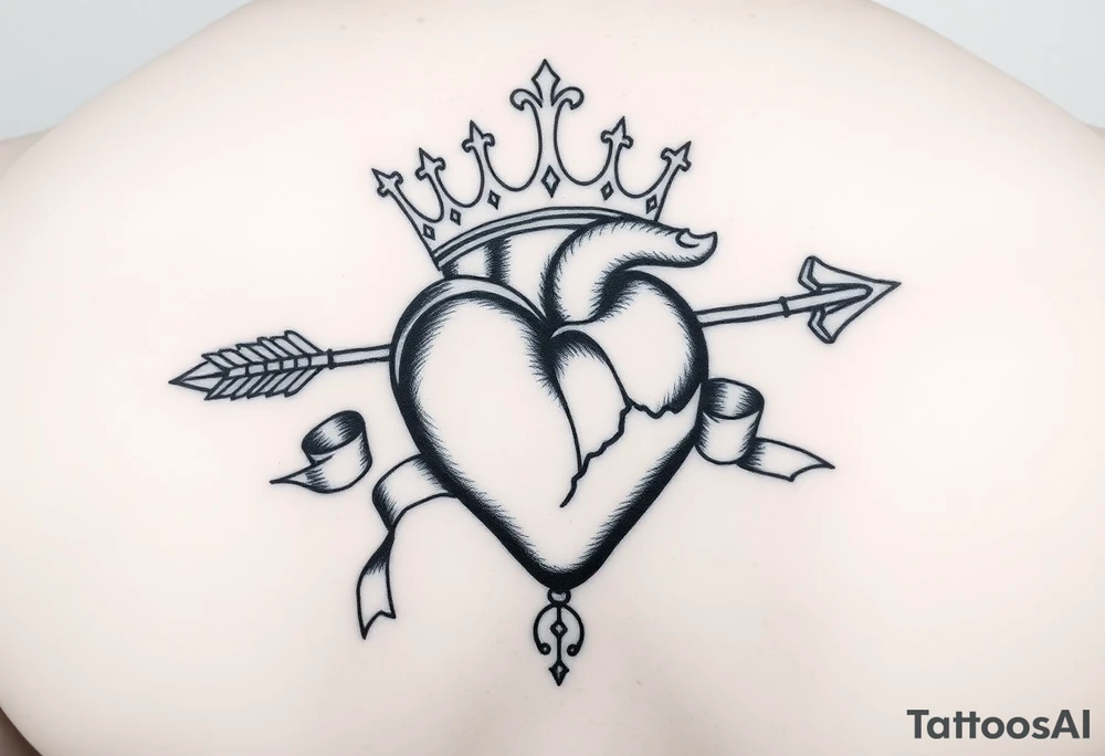 heart pierced by ornate arrow with flowing ribbons princess crown tattoo idea