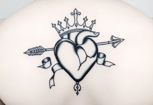 heart pierced by ornate arrow with flowing ribbons princess crown tattoo idea
