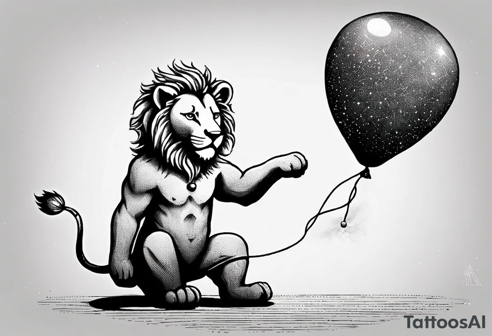 tatoo in sketch style only.
A little lion boy is holding a string to the hearth shaped small party baloon.
lion boy should be drawed from behind and has one hand reaching up in 45 degree angle and holding the baloon string
On the string is a wave which look like a hearbeat pulse.
draw it without any scenery, without any background. Just a boy 
Add heartbeat pulse on the string tattoo idea