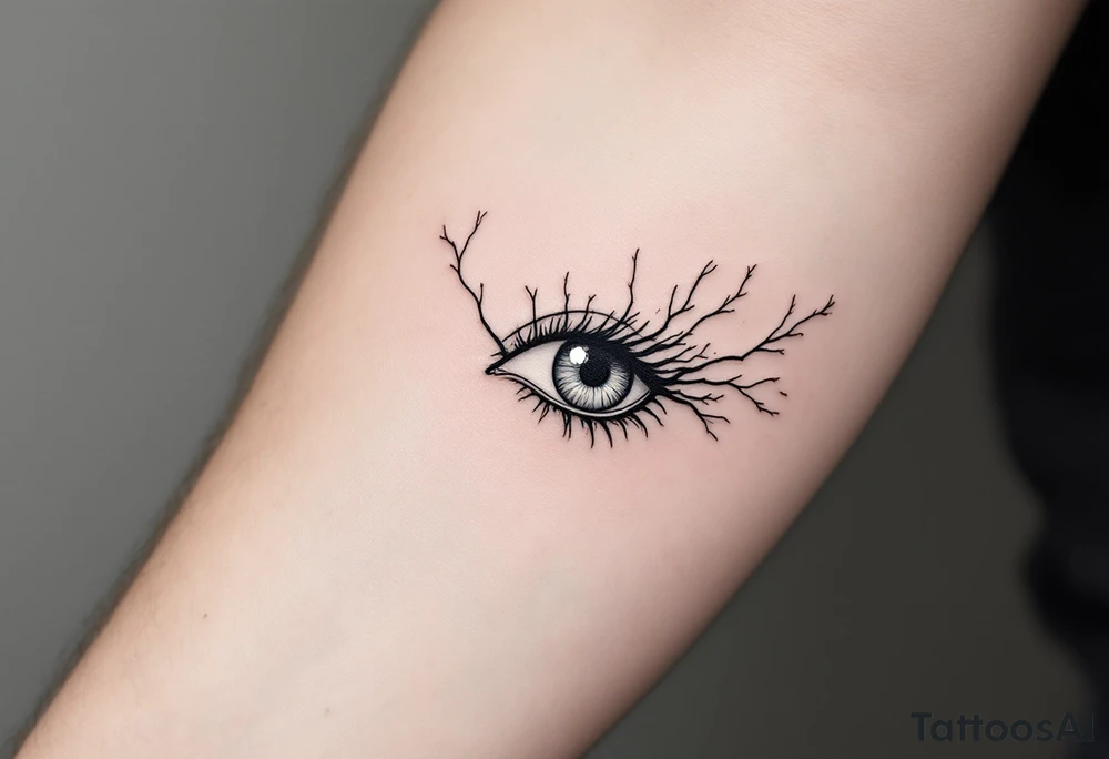 Minimalistic black line tattoo of an eye with its lines extending into tree branches, thin and abstract design. tattoo idea