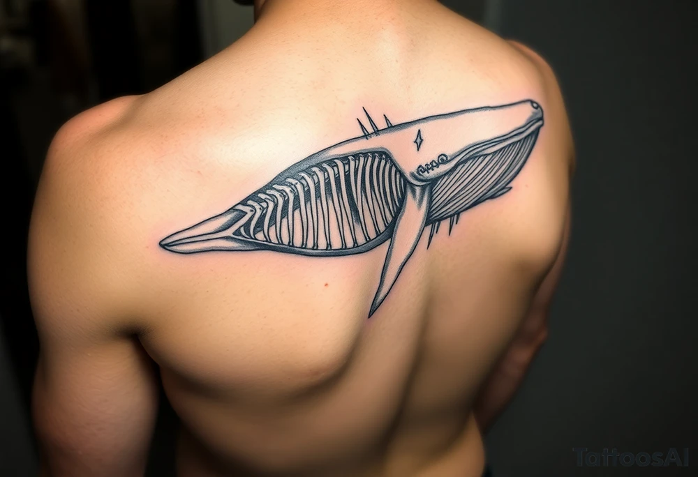 idea is basically a whale that's damaged and torn exposing the skeletal innerts, but it's still fiercely moving forward as hard as it can. generate one with elements of attack on titan and demon slayer and spirited away tattoo idea