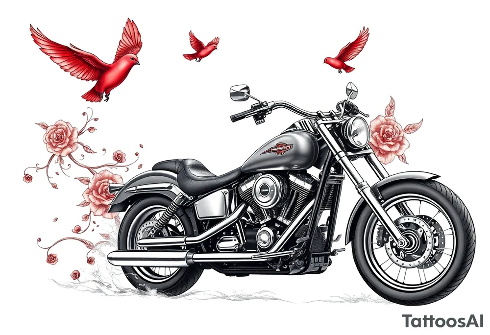 Harley grey motorcycle driving away, two red birds flying, roses and lace, flames tattoo idea