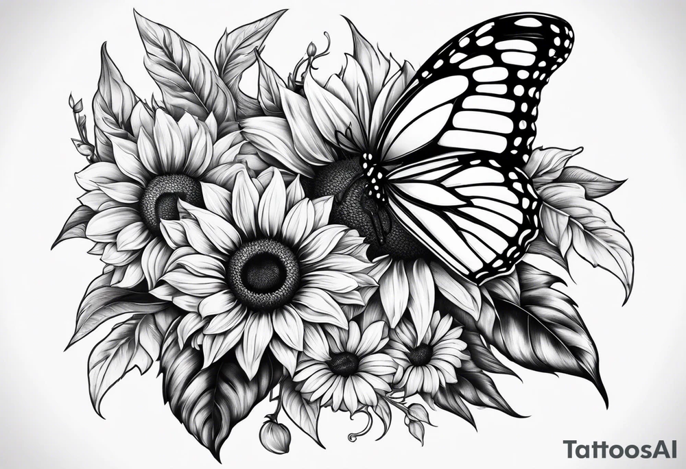 Sunflower and butterfly leg sleeve tattoo idea