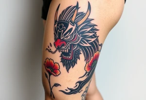 Big Rouge ronin to cover the entire thigh with smoke coming out of its mouth with 11b tattooed under its left eye with 1 poppy on each side of the ronin tattoo idea