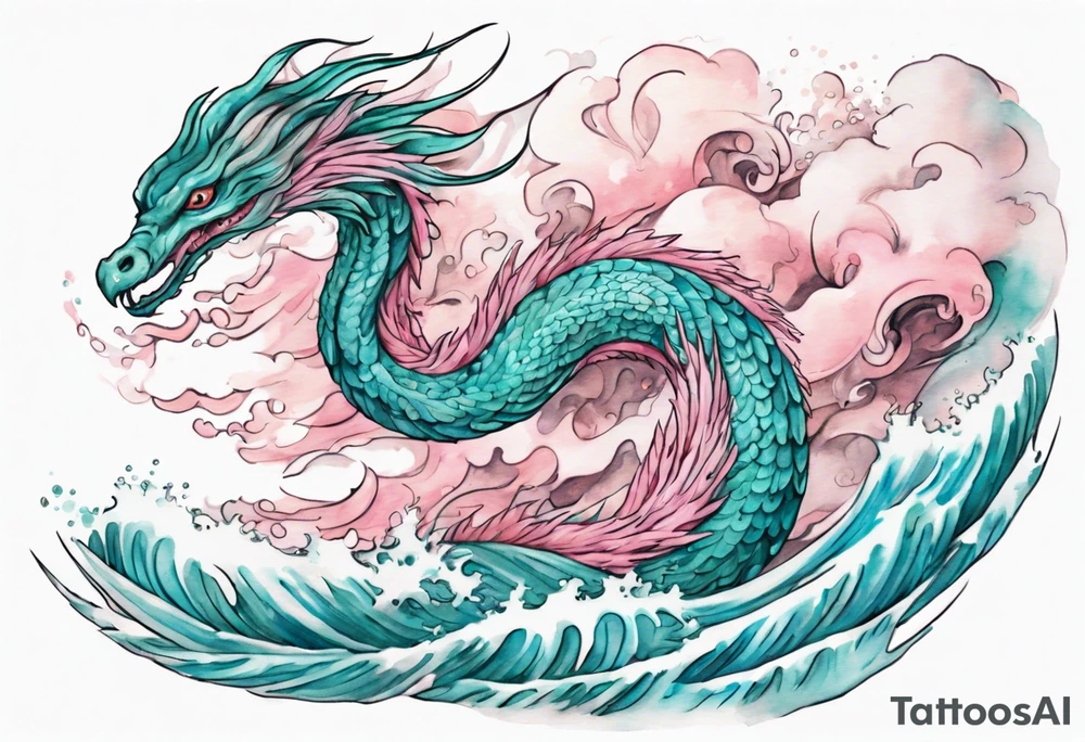 a gentle turquoise and pink feathered sea serpent emerging from the stormy sea tattoo idea