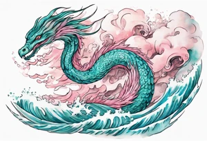 a gentle turquoise and pink feathered sea serpent emerging from the stormy sea tattoo idea