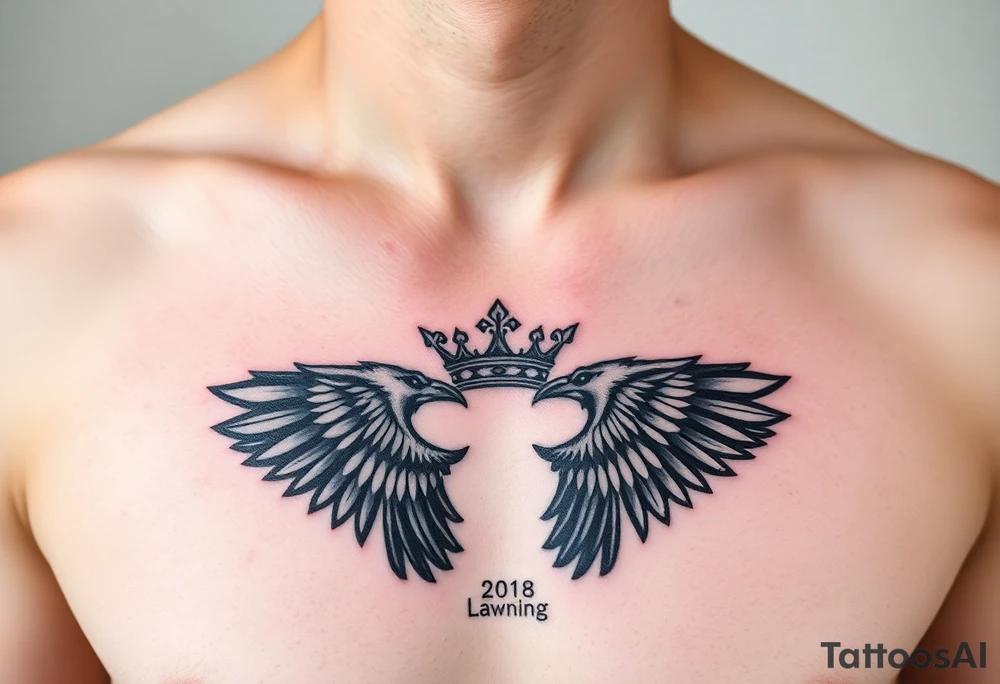 Chest tattoo, two laurier and icelandic symbols, dark brest tattoo, crown betwen ravens tattoo idea