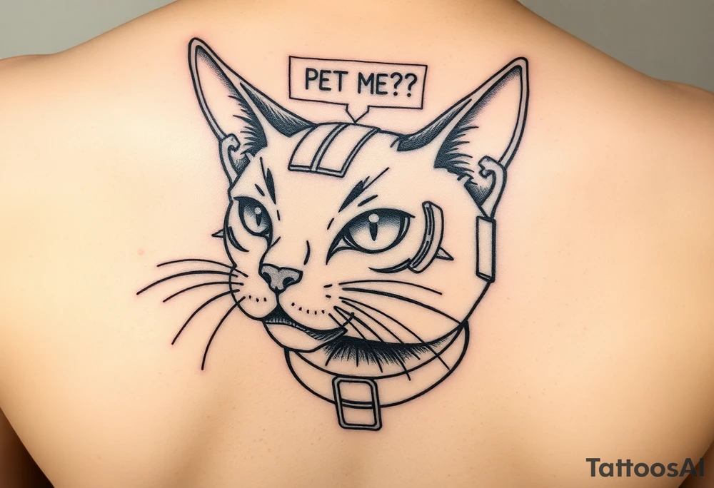 Cybernetic Cat with a Holographic CollarA sleek, cyberpunk cat with one glowing eye and mechanical enhancements.A floating AR display above its head showing "PET ME?"Whiskers made of thin fiber-optic cables. tattoo idea