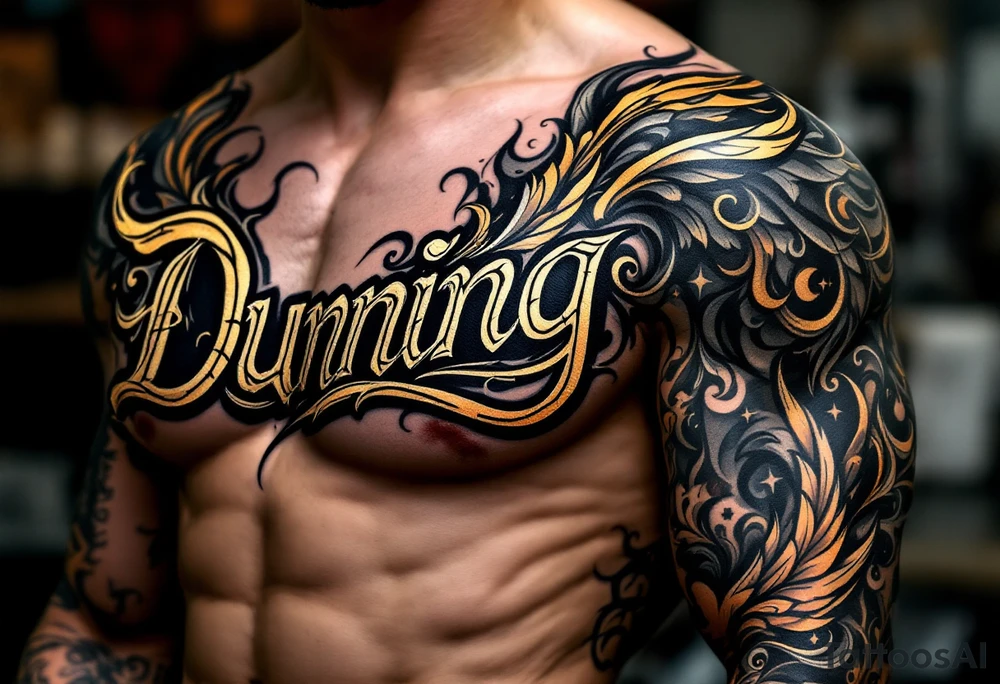 Dunning, details include bold strong font, gold highlights, theme of wealth and angels tattoo idea