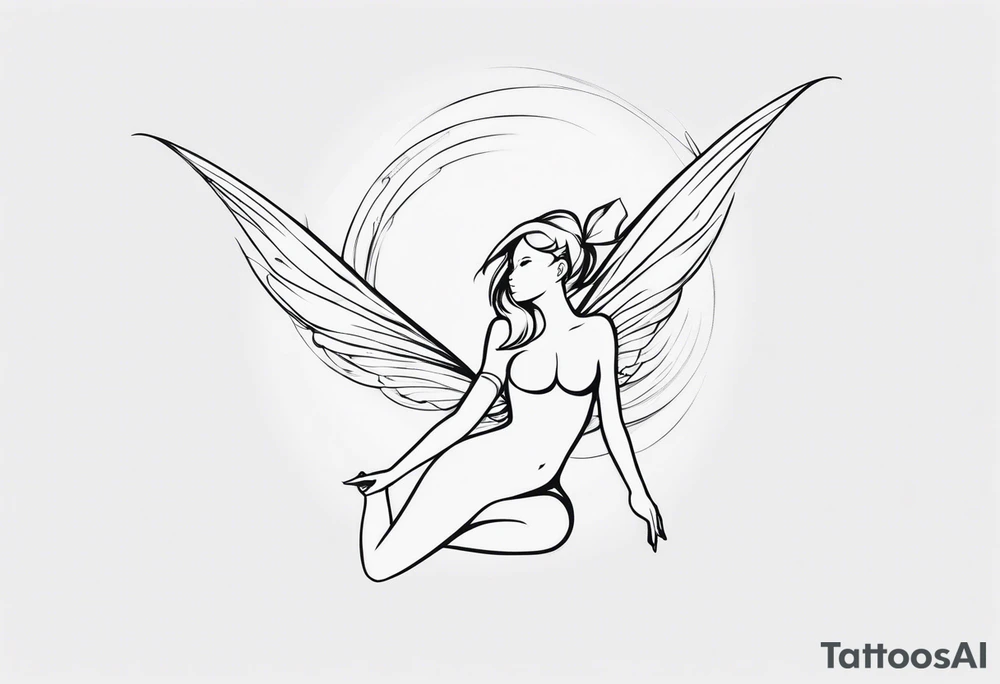 Minimalistic, monochromatic fairy with a tail flying to the left in a fetal position, leaning and looking in the same direction, with visible hands, embodying the 'Fairy Tail' logo aesthetic. tattoo idea