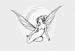 Minimalistic, monochromatic fairy with a tail flying to the left in a fetal position, leaning and looking in the same direction, with visible hands, embodying the 'Fairy Tail' logo aesthetic. tattoo idea