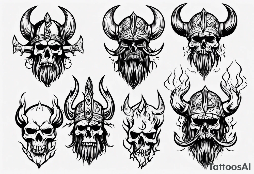 Viking head with skulls and flames tattoo idea