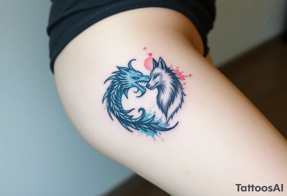 Ying yang symbol with one side a dragon and one side a wolf tattoo idea