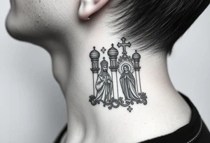 medium traditional russian orthodox church with russian coat arms and virgin mary on the side of your neck tattoo idea