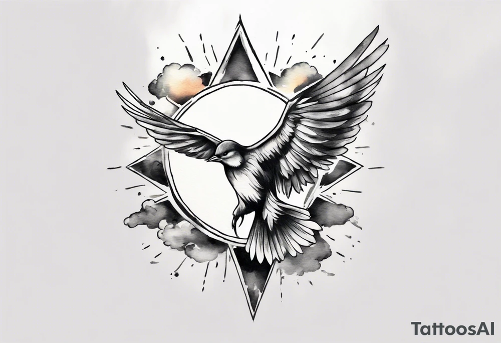 a shoulder tattoo with lots of rays of light in gradient starting from the middle
, clouds and birds flying free tattoo idea