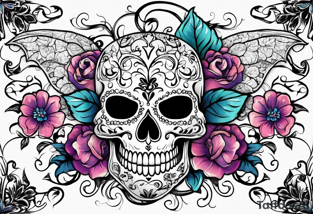 Flowers vines  bat sugar skull tattoo idea