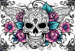 Flowers vines  bat sugar skull tattoo idea