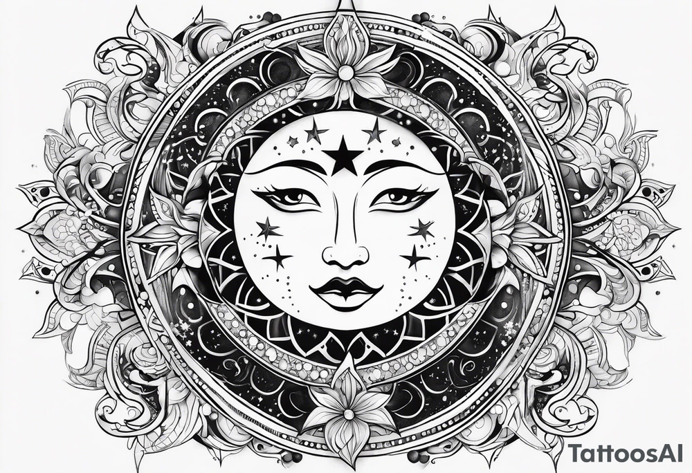 Feminine Sun and moon. long rectangular sternum swirls with dots and stars tattoo idea