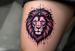 The Leo stars constellation connect across a navy and plum background, surrounding a lion’s silhouette inked in rich mahogany. tattoo idea