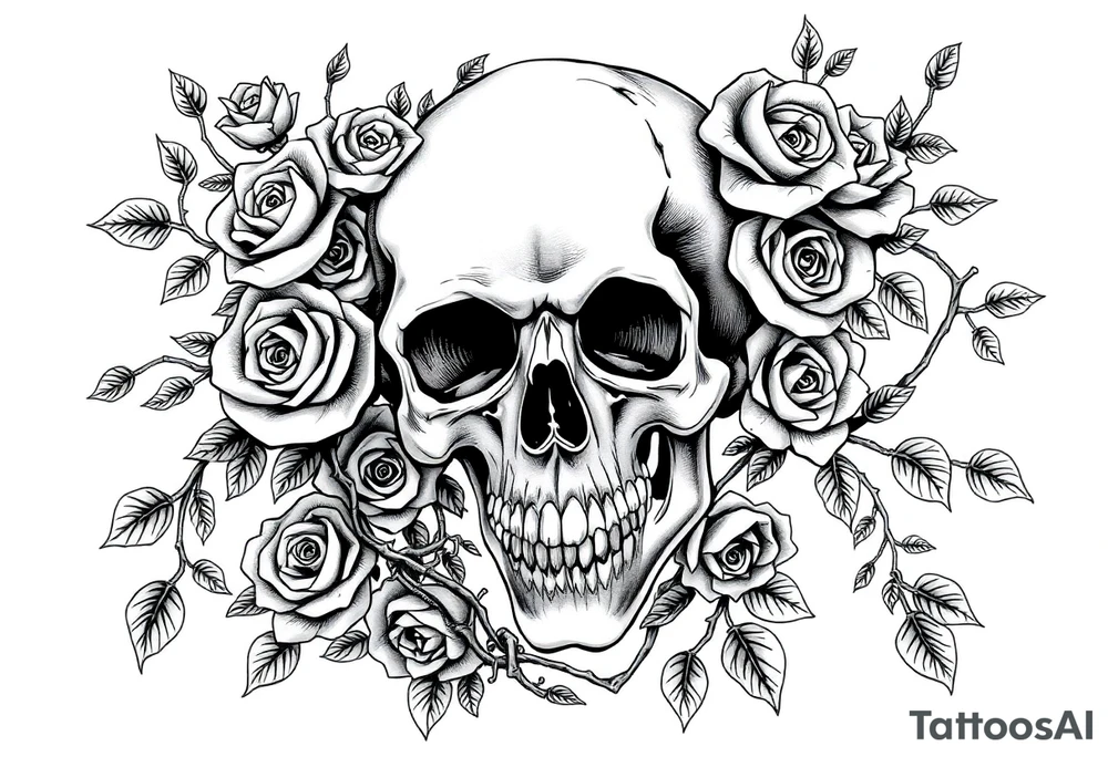 gothic skull intertwined with climbing roses and thorny vines tattoo idea