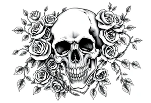 gothic skull intertwined with climbing roses and thorny vines tattoo idea