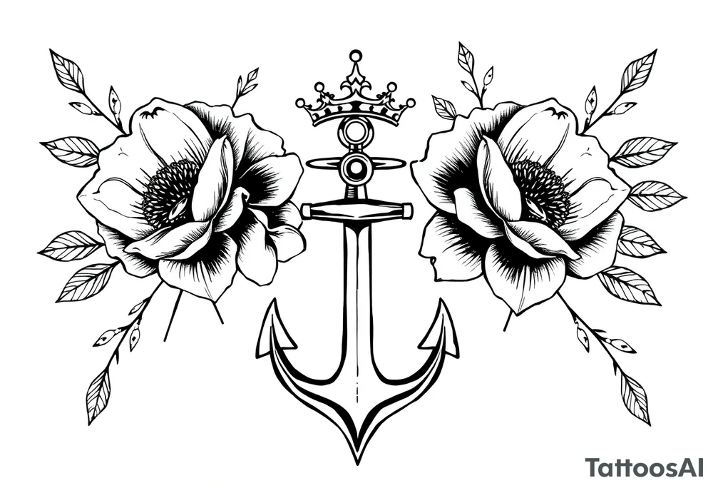 detailed beautiful gothic boho flowers with gorgeous crown and anchor tattoo idea