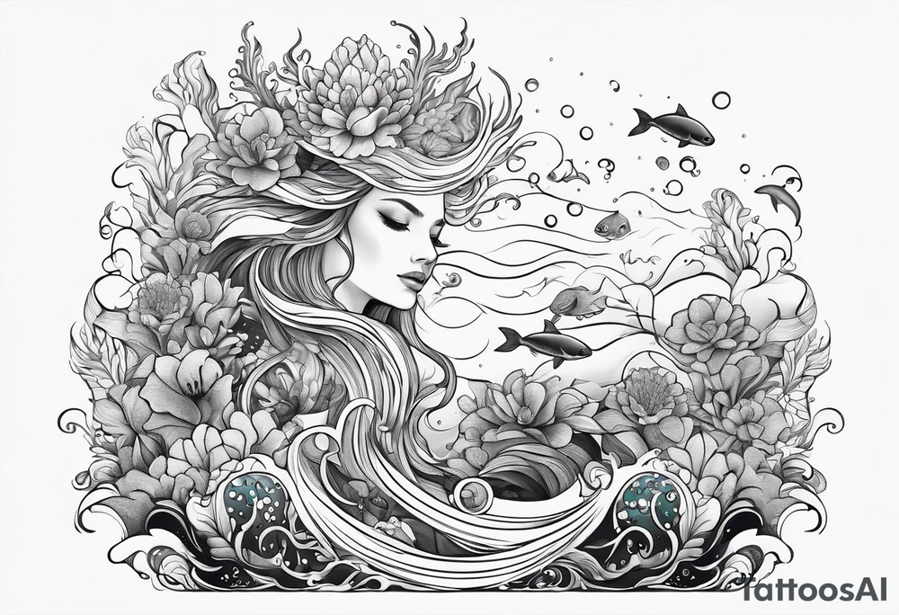 Underwater Sea creatures feminine cascading upwards tattoo idea
