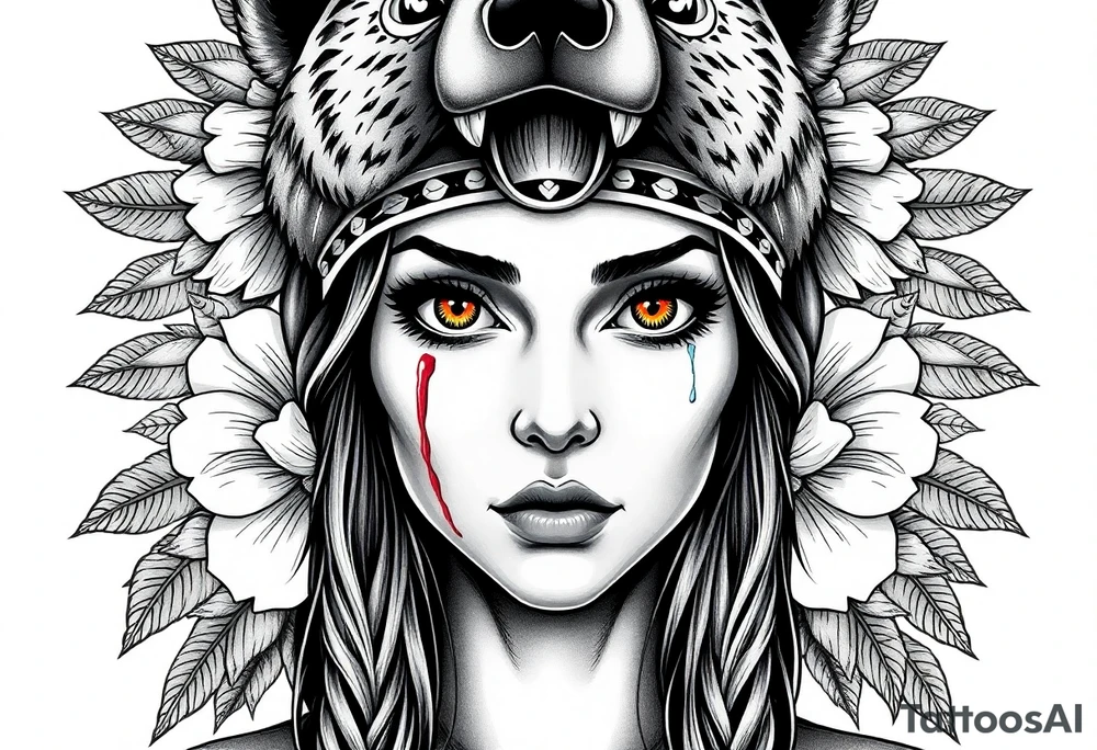 Symmetrical Beautiful Woman, looking forward, with colored eyes, shedding a tear, with battle scars and blood on face, with soft look, wearing a mean looking bear headdress on head, with flower background tattoo idea