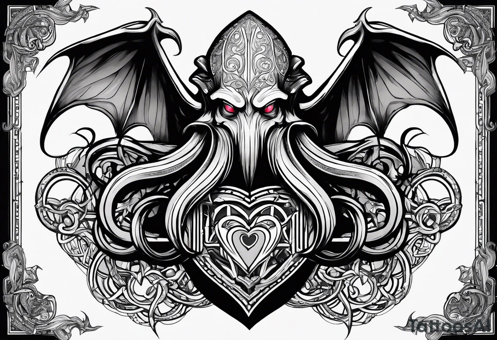 Long tattoo for arm. Cthulhu protecting a heart. Lovecraftian. tattoo idea