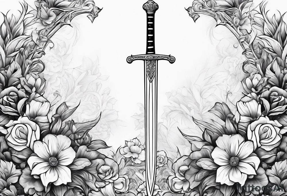 Long skinny sword with flowers in the background tattoo idea