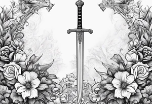 Long skinny sword with flowers in the background tattoo idea