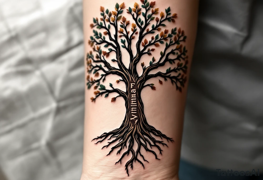 A large, detailed tree with branches and roots symbolizing family connections with the word "Family" engraved in tree trunk in deep brown, while the leaves are a mix of green, amber, and gold to represent growth and seasons. tattoo idea
