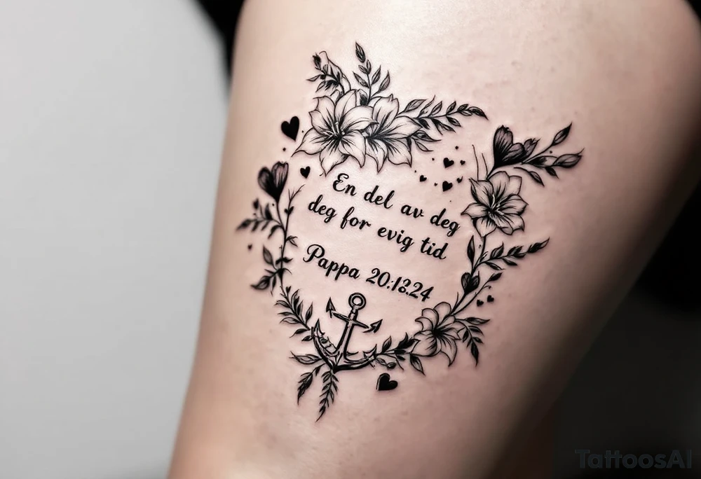 «En del av deg for evig tid
Pappa 20.12.24» Surrounded by long gladiolus, hearts, notes and an anchor tattoo idea