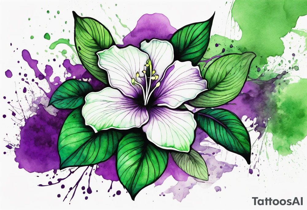 A mystical outline of a green and purple rio dipladenia flower and a green and purple watercolor splash in the background tattoo idea