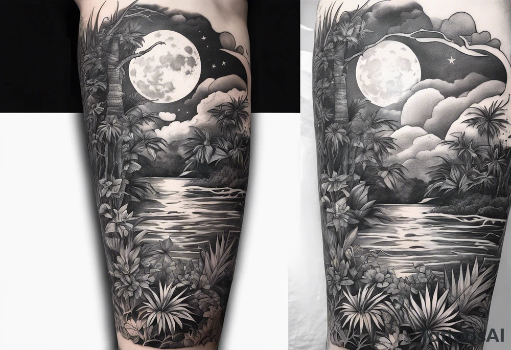 full sleeve, jungle plants, ocean, moon tattoo idea