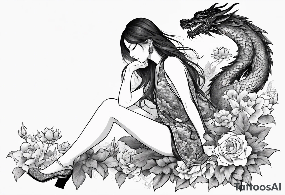a profile of a girl sitting on flowers on her sideway, surrounded by asian dragon tattoo idea