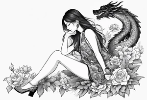 a profile of a girl sitting on flowers on her sideway, surrounded by asian dragon tattoo idea